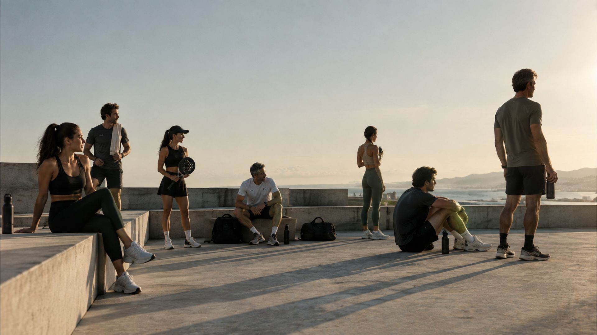 El mismo grupo de personas, ahora de día, descansando frente al mar.