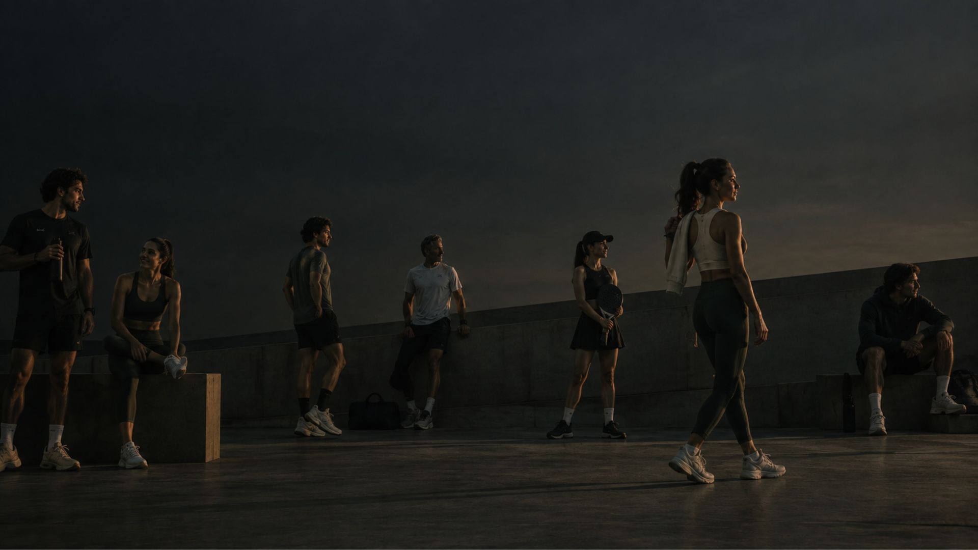 Un grupo de personas quietas al atardecer, después de hacer ejercicio.