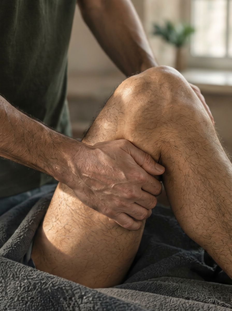 Unas manos sostienen y trabajan la rodilla de una persona sentada.