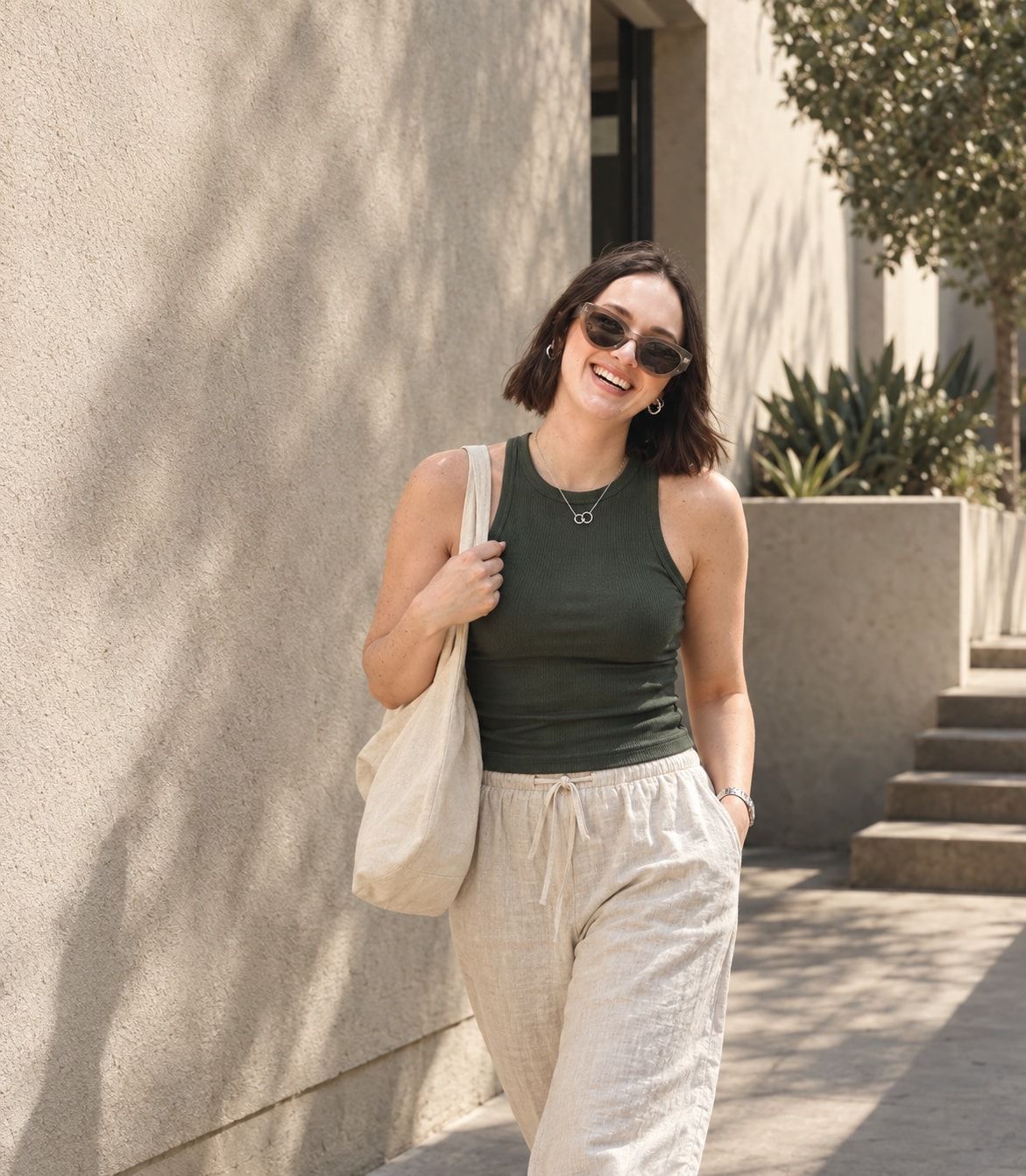 Alejandra camina por la calle, sonriendo, con una bolsa de tela al hombro.